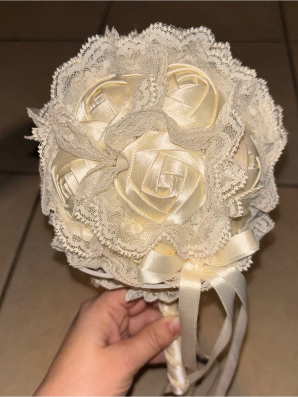 Vintage Handmade Ivory Satin Ribbon Rose Bridal Bouquet with Lace